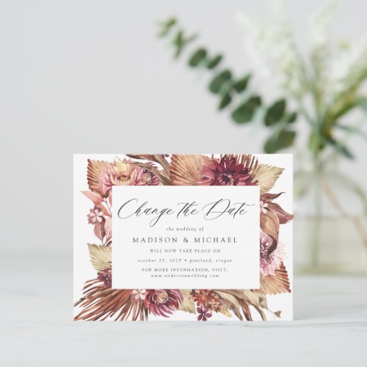 Boho woestijn bloem uitnodiging datum wijziging (Staand voorkant)