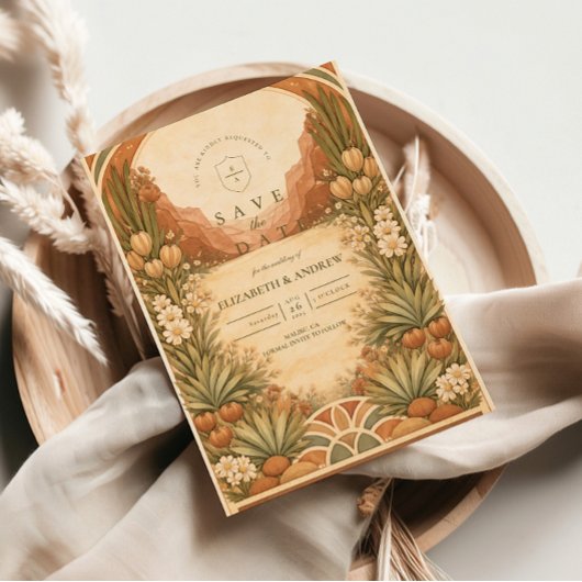 Boho woestijn bruiloft met wilde bloemen save the date