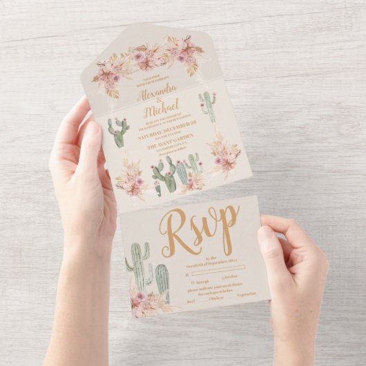 Boho woestijn cactus bruiloft all in one uitnodiging (Afscheurbaar)