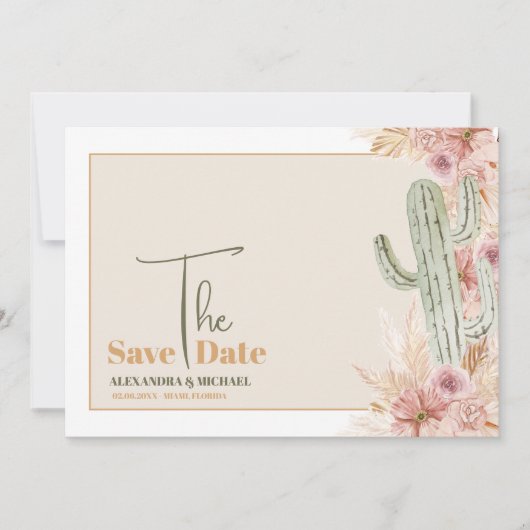 Boho woestijn cactus bruiloft save the date (Voorkant)