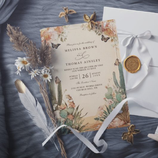 Boho Woestijn Cactus Elegante QR Code Huwelijk Kaart