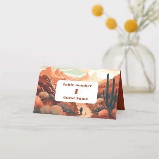 Boho woestijn cactus geïllustreerde bruiloft plaatskaartje (Voorkant)