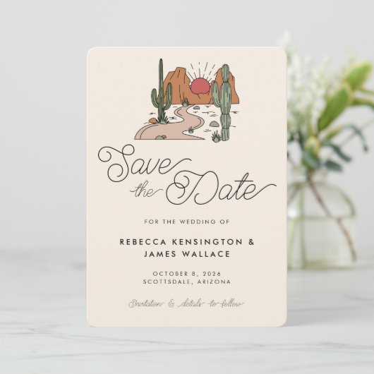 Boho woestijn cactus modern script bruiloft save the date (Staand voorkant)