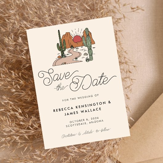 Boho woestijn cactus modern script bruiloft save the date