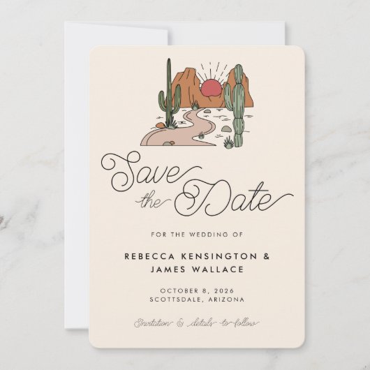 Boho Woestijn Cactus Modern Script Trouwen Save The Date (Voorkant)