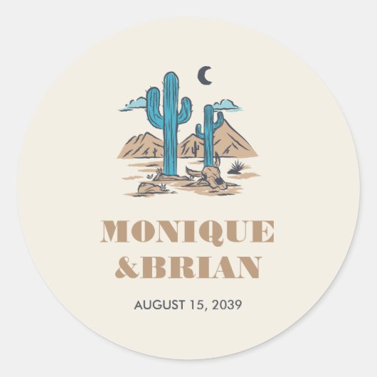 Boho Woestijn Cactus Zuidwest Arizona Bruiloft Ronde Sticker (Voorkant)