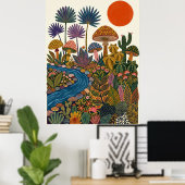 Boho Woestijn Folk Art Paddenstoel Cactus Rivier P Poster (Thuiskantoor)