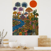 Boho Woestijn Folk Art Paddenstoel Cactus Rivier P Poster (Keuken)