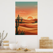 Boho woestijn zonsondergang duinen met cactus en v poster (Keuken)