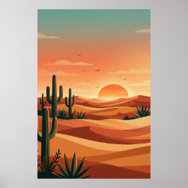 Boho woestijn zonsondergang duinen met cactus en v poster