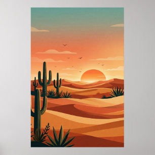 Boho woestijn zonsondergang duinen met cactus en v poster