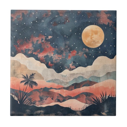 Boho Woestijnmaan Indigo Koper Hemellandschap Tegeltje (Voorkant)