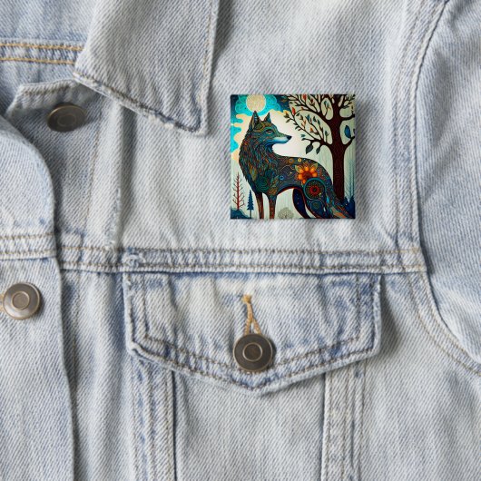 Boho Wolf Surreal Wildlife Art Button (In situ)