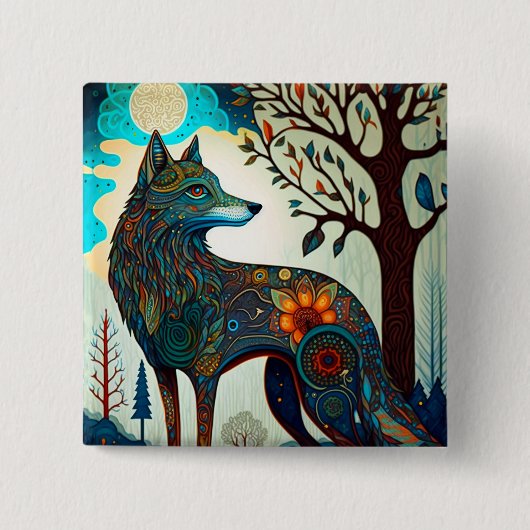 Boho Wolf Surreal Wildlife Art Button (Voorkant)