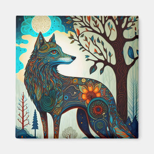 Boho Wolf Surreal Wildlife Art Button Magneet