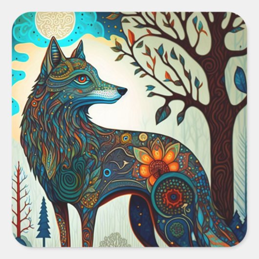 Boho Wolf Surreal Wildlife Art Square Sticker (Voorkant)