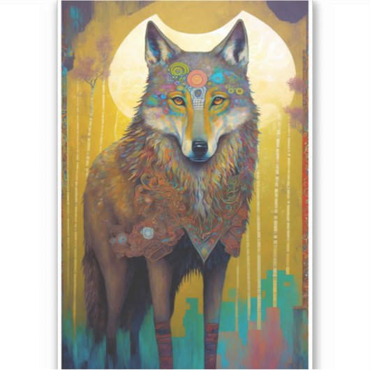 Boho Wolf Surreal Wildlife Art Sticker (Voorkant)