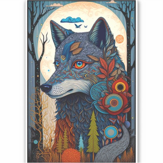 Boho Wolf Surreal Wildlife Art Sticker (Voorkant)