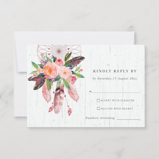BOHO WOOD BLUSH DREAM CATCHER FLORAL WEDDING RSVP KAARTJE (Voorkant)