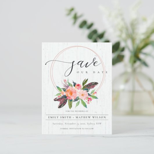 BOHO WOOD BLUSH WREATH FLORA LAND BEWART DE DATUM AANKONDIGINGSKAART (Staand voorkant)