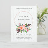 BOHO WOOD FEATHER BLUSH FLORAL WREATDING WEDDING KAART (Staand voorkant)