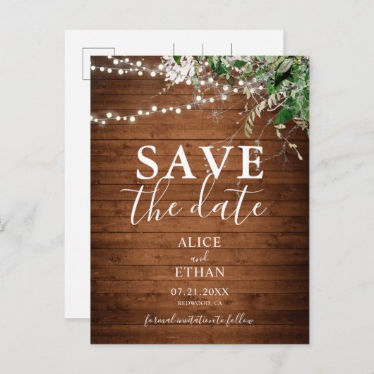 Boho Wood Greenery Script Wedding Save the Date Aankondigingskaart (Voorkant / Achterkant)