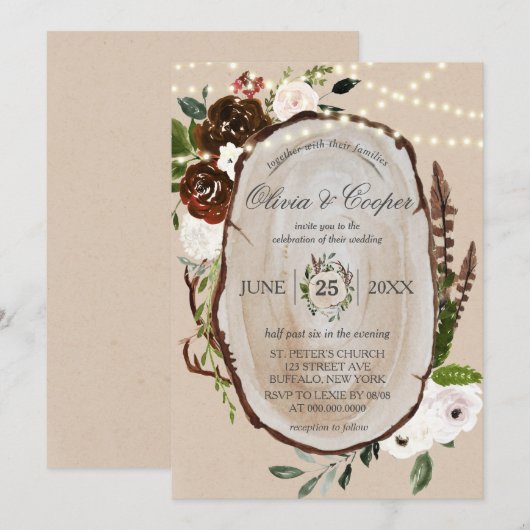 Boho Wood Slice Feather Marsala Floral Wedding in Kaart (Voorkant / Achterkant)