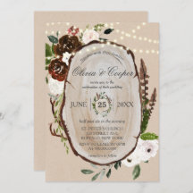 Boho Wood Slice Feather Marsala Floral Wedding in