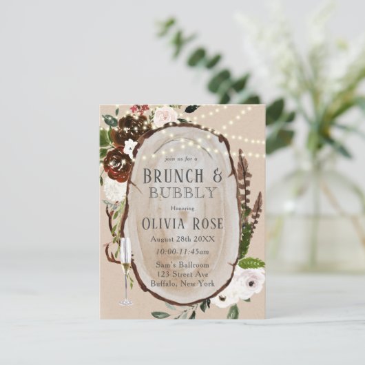 Boho Wood Slice Marsala Brunch & Bubble Invitation Kaart (Staand voorkant)