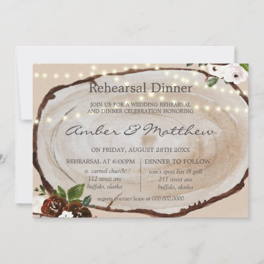 Boho Wood Slice Marsala Floral Rehearsal Dinner in Kaart (Voorkant)