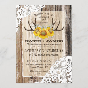 Boho Wood Sunflower Antlers Lace Rustic Wedding Kaart