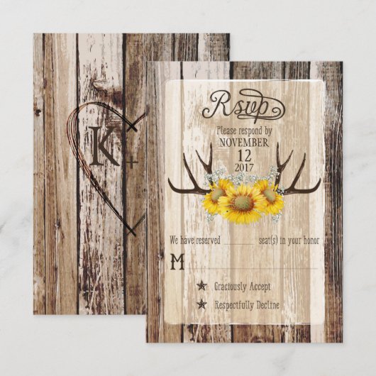 Boho Wood Sunflower Antlers Rustige RSVP-kaart RSVP Kaartje (Voorkant / Achterkant)