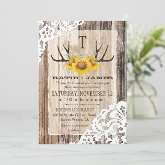 Boho Wood Zonnebloem gewei Lace Rustieke bruiloft Kaart (Staand voorkant)