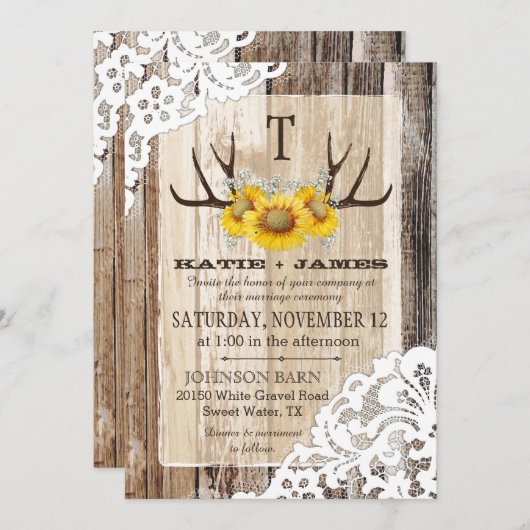 Boho Wood Zonnebloem gewei Lace Rustieke bruiloft Kaart (Voorkant / Achterkant)