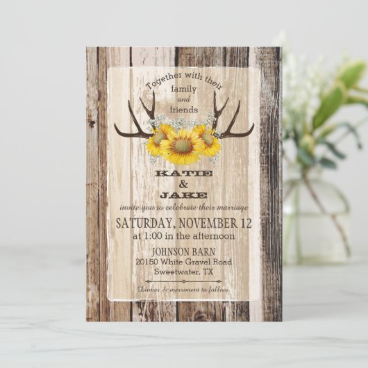 Boho Wood Zonnebloem gewei rustieke bruiloft Kaart (Staand voorkant)