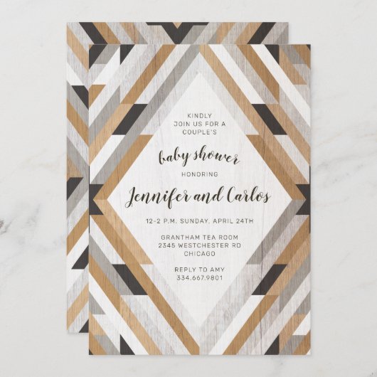 Boho Woodgrain Neutral Baby shower Invitation Kaart (Voorkant / Achterkant)
