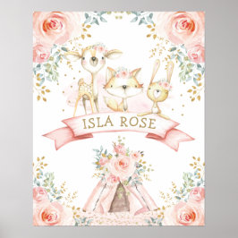 Boho Woodland Animal Blush Floral Monogram Nursery Poster