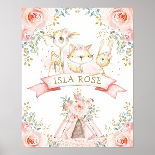 Boho Woodland Animal Blush Floral Monogram Nursery Poster (Voorkant)