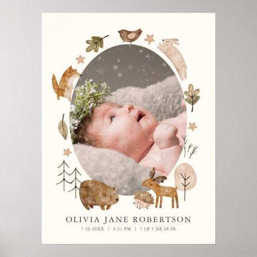Boho Woodland Animals Baby Stats Fotokwekerij Kuns Poster (Voorkant)