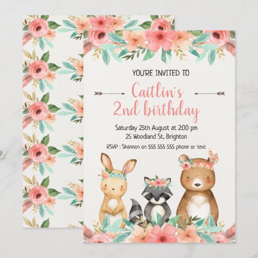 Boho Woodland Animals Birthday Invitation Kaart (Voorkant / Achterkant)