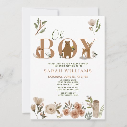 Boho Woodland Animals Brown Oh Boy Baby shower Kaart (Voorkant)