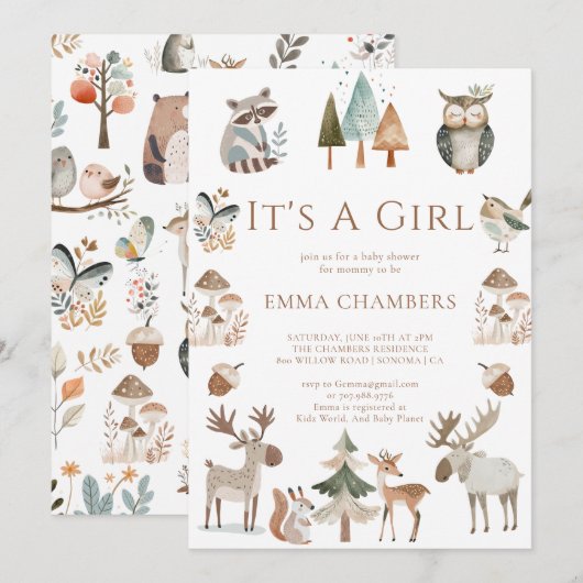 Boho Woodland Animals Het is een meisje Baby showe Kaart (Voorkant / Achterkant)