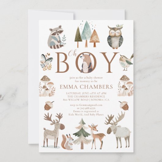 Boho Woodland Animals Oh Boy Baby shower Kaart (Voorkant)