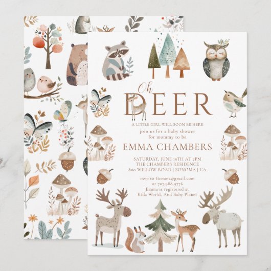 Boho Woodland Animals Oh Deer Girl Baby shower Kaart (Voorkant / Achterkant)
