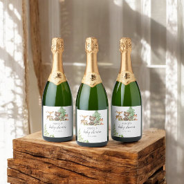 Boho Woodland Animals Rustic Baby shower Sparkling Wijnetiket