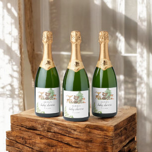 Boho Woodland Animals Rustic Baby shower Sparkling Wijnetiket