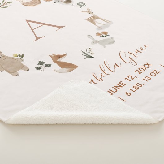 Boho Woodland Animals Script Baby Birth Stats Sherpa Deken (3/4)