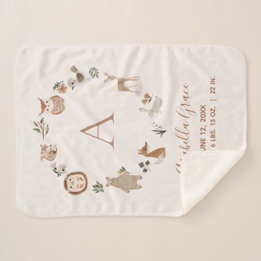 Boho Woodland Animals Script Baby Birth Stats Sherpa Deken (Voorkant (horizontaal))
