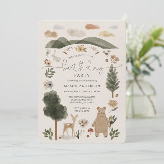 Boho Woodland Boy Verjaardagsfeest Kaart (Staand voorkant)
