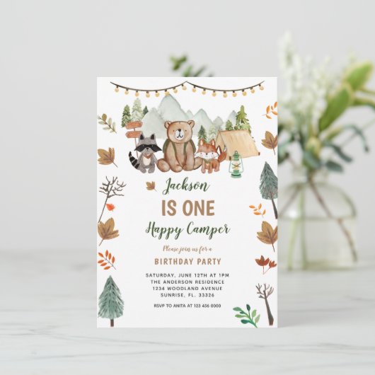 Boho Woodland Camper eerste verjaardag Kaart (Staand voorkant)